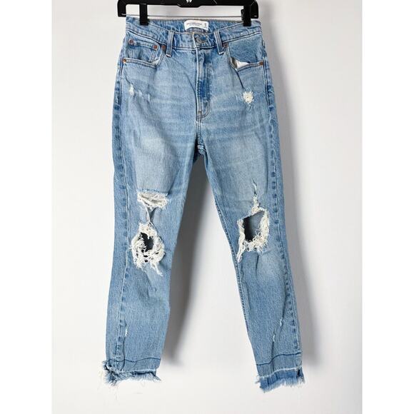 Abercrombie & Fitch High Rise Mom Jean Blue Distressed Raw Hem MINT - Picture 1 of 9